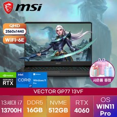 MSI 노트북 VECTOR GP77 13VF 벡터 WIN11 프로 고성능 게이밍 노트북 직장인 업무용 노트북, WIN11 Pro, 16GB, 512GB, 코어i7, 블랙