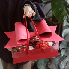 왕리본 과일 디저트 케이크 투명 꽃 선물 박스 상자 포장 케이스, 레드