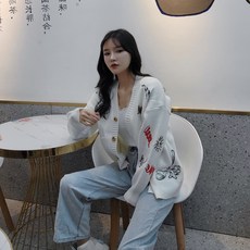봄가을 신 구양나나 같은스타일 고양이와 쥐 학원 무드 자수 박시니트원 스웨터 여성 x2개