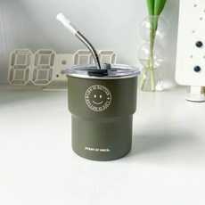 스텐 물컵 심플 개성있는 커피잔 야외 캠핑 300ml, 녹색, 싱글 컵+마개+빨대, 1개