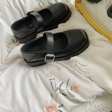 KORELAN 로즈 화이트 마리진 미니 구두녀 얇은 네모난 선녀 부드러운 바람 단화 jk 신발복고 구두 여 굵은 굽 벨트 단추 일계 신발마리 진 두꺼운 바닥 싱글 신발 송편 신