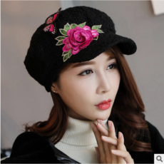 기질 이 우아 한 팔각 모자 여사 베레모 원형 햇빛 차단 장식 에 도 어 울 리 는 민족 풍 자수 모자 블랙 빨 간 꽃 M (56 - 58 cm)