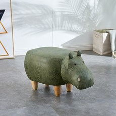 동물 의자 단단한 나무 귀여운 동물 캐릭터 가죽 소파 스툴, 큰 하마 원목 다리 [녹색], 1개