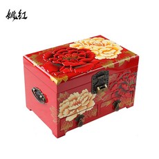 인터마켓_A 요 레드 고급품 계열 노 공예 금모란 우드 칠기 화장 보물 상자 쥬얼리케이스