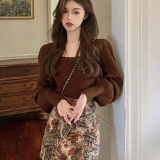 퐁순싸롱 퍼프 셔링 스퀘어넥 골지 오프숄더 섹시 니트 YJ