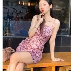 레오파드 원피스 호피 여름 제니스타 러블리 핑크 슬립 등 밴드가 슬림하게 떨어지는