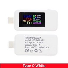 TYPE-C USB 테스터 DC 디지털 전압계 전류 전압 계량기 전류계 감지기 보조배터리 충전기 10 in 1, 1개, [01] 1902C white