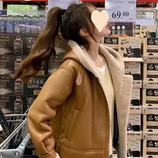 여성 후드 무스탕 가죽 미디엄하프 숏 양털안감 버클 라이더 캐주얼 점퍼 자켓