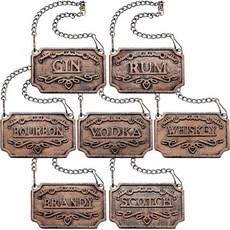 Beeveer 7pcs 주류 디캔터 모든 주류병 홈바 아빠 선물 위스키 스카치 버번 진 럼 보드카 브랜디구리를 위한 조절 가능한 체인 세트가 있는 알코올 라벨, Coppery