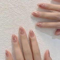 중간 사각형 프레스 네일 핑크 프랑스 스타일 반짝이 가짜 손톱, 1개
