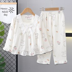 우주아이 여아용 저학년 래빗 레이스 프릴 잠옷 상의 + 하의 세트 주아이 여아용 저학년 래빗 레이스 프릴 잠옷 상의 + 하의 세트