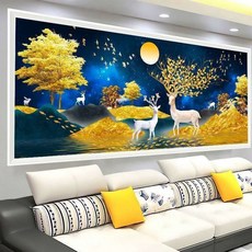 금전수 황금 산 사슴 뿔 어미 새끼 달빛 돈들어오는 전체수 보석십자수 DIY키트, 120x50