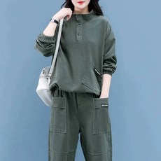 여자 봄 가을 면접복장 여성 투피스 오버사이즈 정장 긴팔 맨투맨 운동복 루즈한 단색 캐주얼 의류 세트 용수철