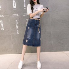 kirahosi 모던 여성 미디 롱 데님 치마 하이웨스트 스커트 95호+ 덧신 증정 AQhel6n1
