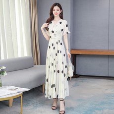 WPUY 쉬폰 도트 원피스 브이넥 쉬폰 뷔스트에원피스 하이웨이스트 바캉스룩 프릴 원피스