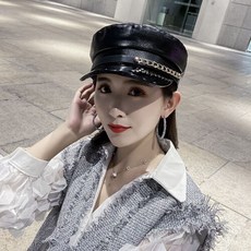 한국판 신형 피질 체인 플랫 압설 모자 여 u 가죽 해군모자 가을 겨울 트렌드 베스트 베레모 센텀 보이즈 블랙 56-58cm 안에 끈 조절
