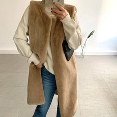 페이크퍼 라운드 오픈스타일 실크감촉 롱 베스트 조끼