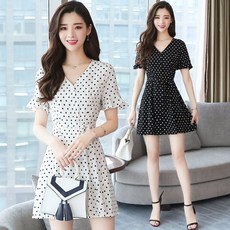 WPUY 여름 도트 원피스 쉬폰 날씬해보이는 미디원피스 허리 리본 브이넥 날씬해보이는 미디스커트 원피스
