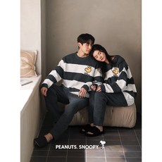 BY 스누피 우드스탁 캐릭터 빅사이즈 신혼 커플 겨울 라운드넥 스트라이프 탁텔 잠옷세트