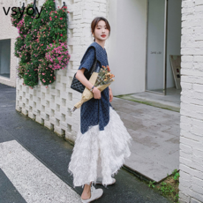 vsyoy 데님 해군 칼라 자카드 원피스 여름 여자 술 바느질 긴 치마