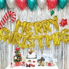 크리스마스 파티 커튼 세트 성탄절 장식 행사 꾸미기, 골드벌룬, 레드그린, 로즈골드