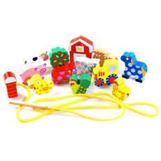유아 어린이 고급 원목 실꿰기 놀이 장난감 동물농장