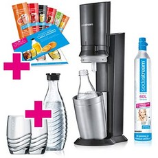 sodastream 탄산수제조기 소다메이커 소다스트림 크리스탈 20 탄산 음료 메이커 세트 프로모션 팩 CO2 실린더 2x 유리 캐러 페 2x 음료 수잔 티타늄-65872, 단일옵션, 01.티탄