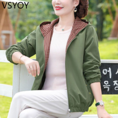 vsyoy 새로운 코트 봄과 가을 느슨한 슬리밍 플러스 사이즈 짧은 중년 및 노인 여성의 얇은 재킷 탑 후드