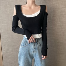 섹시한니 블러킹 페이크 오프숄더 어깨트임 여성 숏 봄계절 구멍 배꼽 매너 이너 상의 트렌드