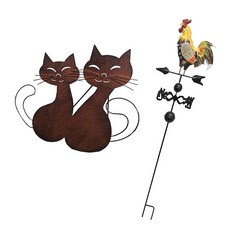 STK 2 조각 정원 말뚝 수탉 풍향계 및 야외 마당 정원 장식을위한 빈티지 금속 고양이 동상