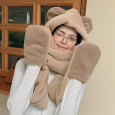 곰돌이 귀달이 모자녀 가을 겨울시즌 큐티 겨울 털 머플러 후드 일체형