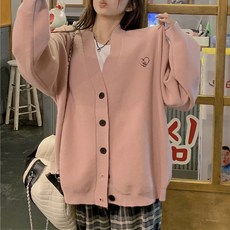 여성 데일리 가을 겨울 빅사이즈 여리 루즈핏 하트 자수 브이넥 긴팔 니트 가디건 하트자수브이넥니트가디건