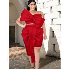 Summer Two Piece Dress Sets Women Event Outfits Red Big Bows Tube Crop Top and Irregular Ribbon Mini