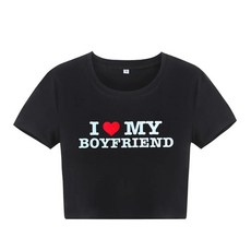 로즈아이러브 I LOVE MY BOYFRIEND 여아용 크롭티 반팔 티셔츠 캐주얼 상의 90 년대 여성 여름 패션, [05] XS, [02] Luqi XY10-Black, 1개
