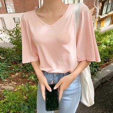 달리샵 여성스러운 여름 차르르 러블리 디바 여리여리 날개 브이넥 소매티 캐주얼룩 데일리룩 옷코디 여성의류 코디 20대 30대 40대 기본티셔츠 데일리티셔츠 캐주얼티셔츠 빅사이즈