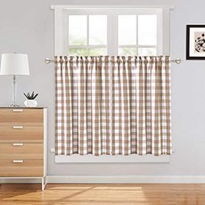 Haperlare Tan Buffalo Check Cafe 커튼 길이 36 인치 격자 무늬 깅엄 무늬 짧은 주방 커튼 및 욕실 커튼 (Tiers 36"L Tan／White)