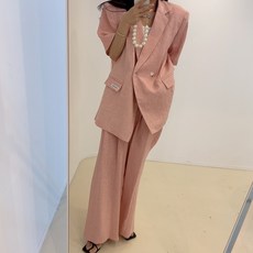 여성 루즈핏 여름자켓 와이드팬츠 어깨패드 자켓 슬랙스 파스텔 데일리 여름 투피스세트 데일리 데이