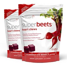 [슈퍼뉴트리션] 슈퍼이뮨 humanN SuperBeets Heart Chews - 산화질소 생산 및 혈압 지원 포도씨 추출물 유전자 변형 성분이 없는 비트 에너지 츄 석류 베리 맛, [02] 60개(2개 팩), 1개