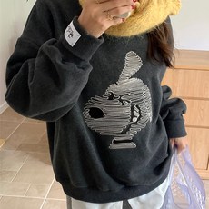 네모엔룩 여성용 윙크독 강아지 캐릭터 자수 시보리 패치 루즈핏 라운드넥 기모 맨투맨 티셔츠 NL