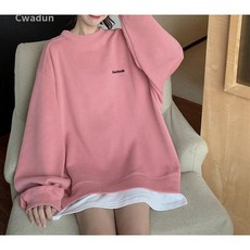 Cwadun 페이크 투피스 얇은 맨투맨 여자 루즈핏 하프 톱