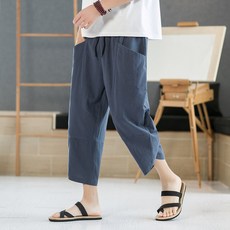POMTOR 남자 7부 바지 리넨 반바지 캐주얼 면 마 비치 팬츠 린넨바지