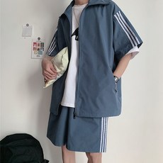 런어게인 남성 빅사이즈 오버핏 집업 자켓 여름 아노락 반팔 반바지 세트