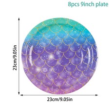 인어 생일 파티 장식 일회용 접시 컵 바다 아래 소녀 작은 베이비 샤워, 8pcs 9inch plate, 1개, 16) 8pcs 9inch-C