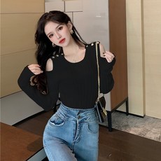 섹시 오프숄더 어깨트임 상의 여성 가을스타일 긴 소매 화이트 슬림 풀오버 트렌드