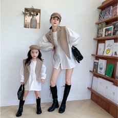 모녀커플룩 캐주얼 투피스 상하의 세트 패밀리룩 셔츠원피스 조끼 투피스 세트