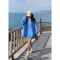 가을 여성 블루 라운드 얇은 긴팔 임부복 겨울 블루 리본 빅사이즈 캐주얼 루즈핏 후드 니트