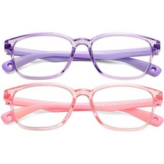 Braylenz 2팩 키즈 컴퓨터 블루 라이트 차단 안경 여자아이 클리어 너드 TR90 안경테 3-10세(Clear Pink+Clear Purple):