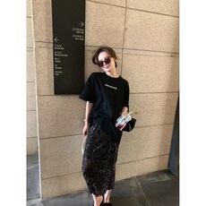 우아글로벌 허리밴딩 플레어 블링 스팽글 롱스커트