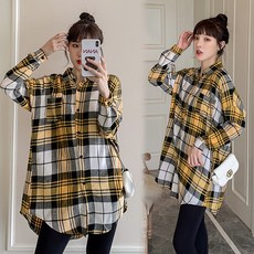 체크원피스패션 임부 가을옷 미스트 크림 페이스 관대히 여기다 파렴치한 어머니 봄가을 상의 여성 긴소매 1719738790, 1개, 그린 상의 _블랙 산전바지