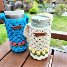 핸드메이드 손뜨개 순면 튤립 텀블러가방/물병가방, 아이보리, 노랑, 짧은끈(23cm), 1개